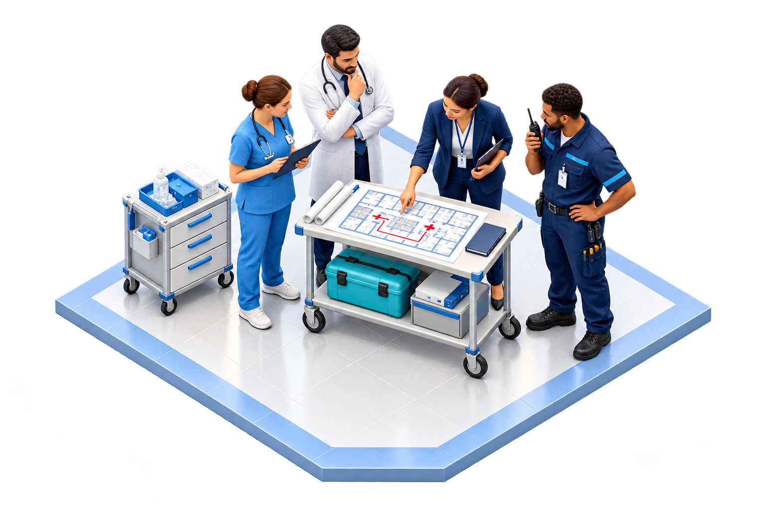 Pflegekraft, Arzt, Koordinatorin und Techniker stimmen sich an einem Klinikplan ab